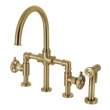 Kingston Brass KS2337CG Industrial Style Bridge Kitchen Faucet with Brass Sprayer, Brushed Brass KS2337CG
